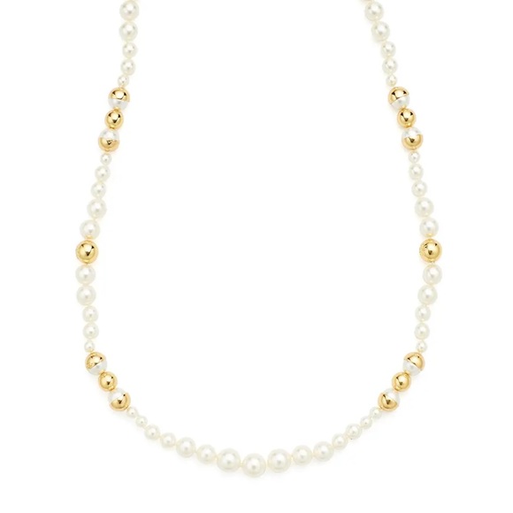 TORY BURCH • Capped Crystal Pearl Long Necklace - Picture 8 of 15
